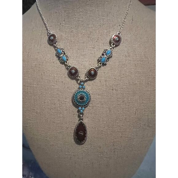 Circular and Teardrop Shape Necklace with Burgundy and Teal Enamel Red Stones - Picture 1 of 5